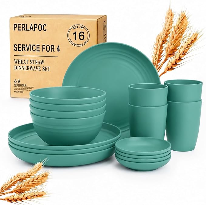 Unbreakable Wheat Straw Dinnerware Set 16 PCS - Kids Plates and Bowls Set for 4,Dishwasher & Microwave Safe Lightweight Toddler Plates and Bowls Set for Party Camping Kitchen - Green