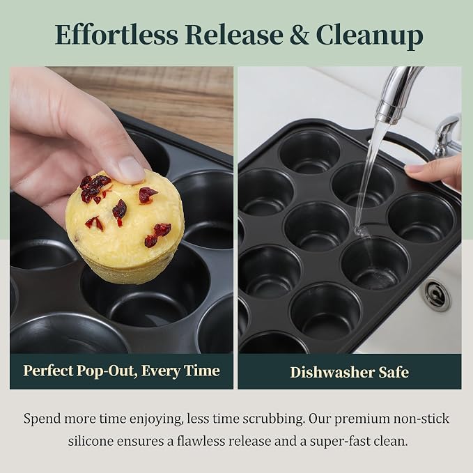 12-Cup Mini Silicone Muffin Pan with Reinforced Steel Frame,Metallic Black | Regular Size Cupcake Pan, BPA Free Silicone Muffin Tray, Reinforced Steel Frame for Stability, Easy Baking & Cleanup, 1Pk