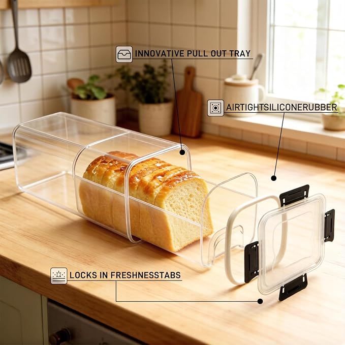 Plastic Bread Box Container with Pull Out Tray for Kitchen 2 Pack | Homemade Loaves and Baked Goods Breads Storage with Airtight Lid BPA Free