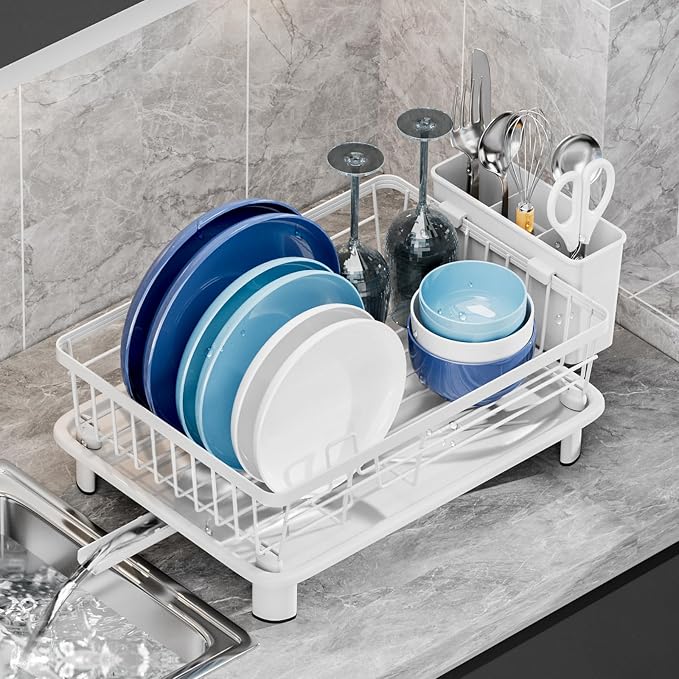 Dish Drying Rack, Stainless Steel-Dish Rack, (White-11 W x 15" L) | Dish Racks for Kitchen Counter, Kitchen Dish Drainers with Removable Utensil Holder,New drain outlet,