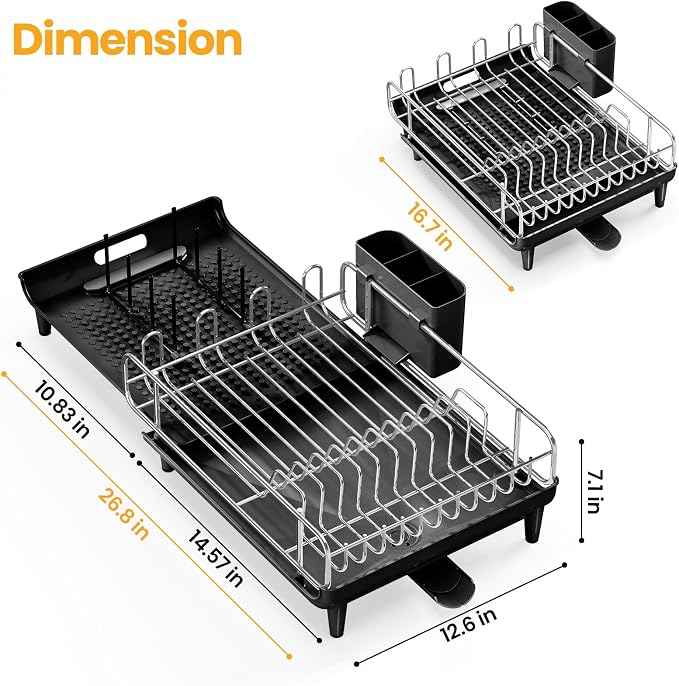 TOOLF Expandable Dish Drying Rack for Kitchen Counter, Black | Collapsible 16.7"-26.8", Stainless Steel Dish Dryer Rack Drainer for RV, Apartment, with Cutlery Holder, Fits for 3-4 People