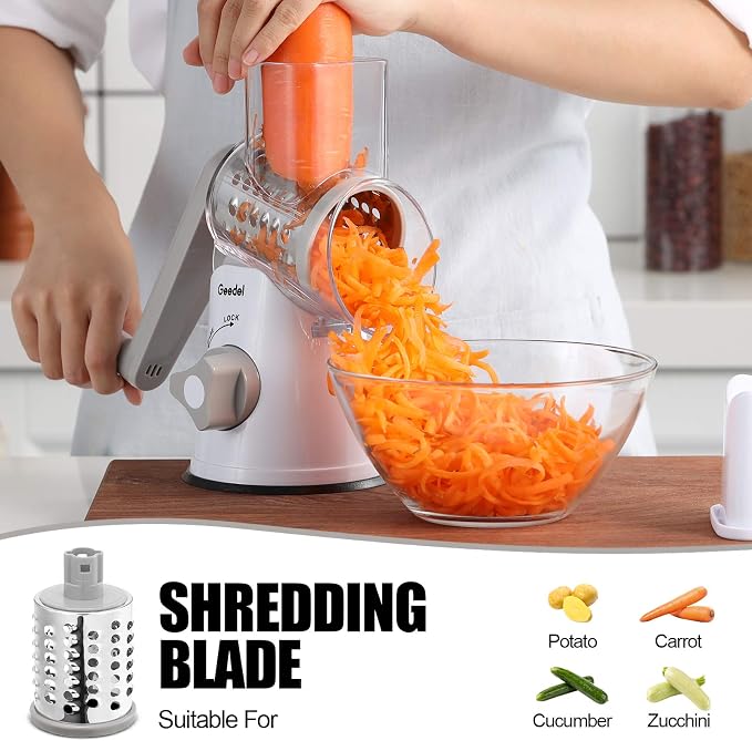 Geedel Rotary Cheese Grater Hand Crank, Cheese Shredder Vegetable Slicer | 3 Blades, 430 Stainless Steel, 12x Fast Cutting, Strong Suction Base, No BPA, Dishwasher Safe, for Cheese, Veggie, Nut