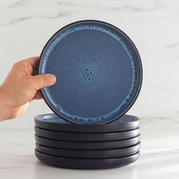 24 Piece Stoneware Dinnerware Set for 8, Handmade Plates and Bowls Set | Reactive Glaze Coating, Dishwasher & Microwave Safe Dish Set, Chip & Scratch Resistant Dishware Set, Dark & Deep Blue