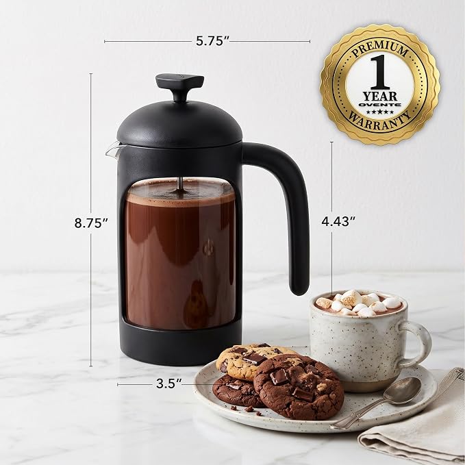 OVENTE 20oz French Press Coffee Maker with 4-Level Filtration, Black FPB20B | Heat Resistant Borosilicate Glass Pot, Dishwasher Safe Stainless Steel Filter, Portable Cafetiere for Travel, Camping or Gift