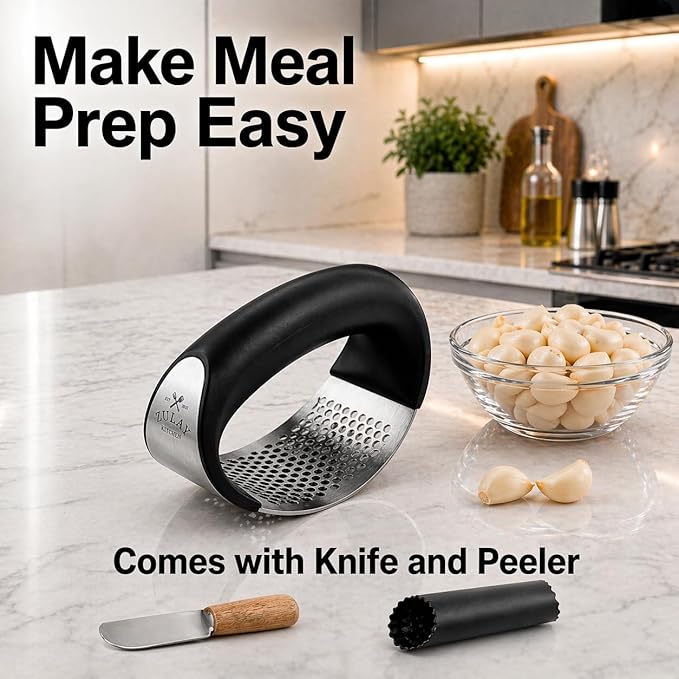 Zulay Kitchen Stainless Steel Garlic Press Rocker Set - Premium Garlic Mincer Garlic Crusher - New Innovative Garlic Crusher with Peeler and Scraper - Comfortable Grip (Black)