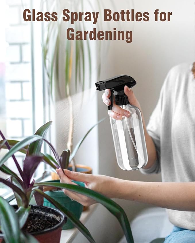 Bontip Glass Spray Bottle 8 oz for Cleaning, Plants (2 Pack, Transparent) | Refillable spray bottle Set, BPA-free eco glass, With labels and funnel, Great for cleaners, plant misting, hair care