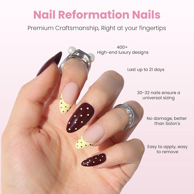 Nail Reformation Press On Nails, Polka Dot French Tip Medium Almond 30 Pcs | 15 Sizes Fake Nails in Chocolate Cream Nude with Glossy Finish, Reusable Stick On False Nail Kit, Manicure Gifts for Women