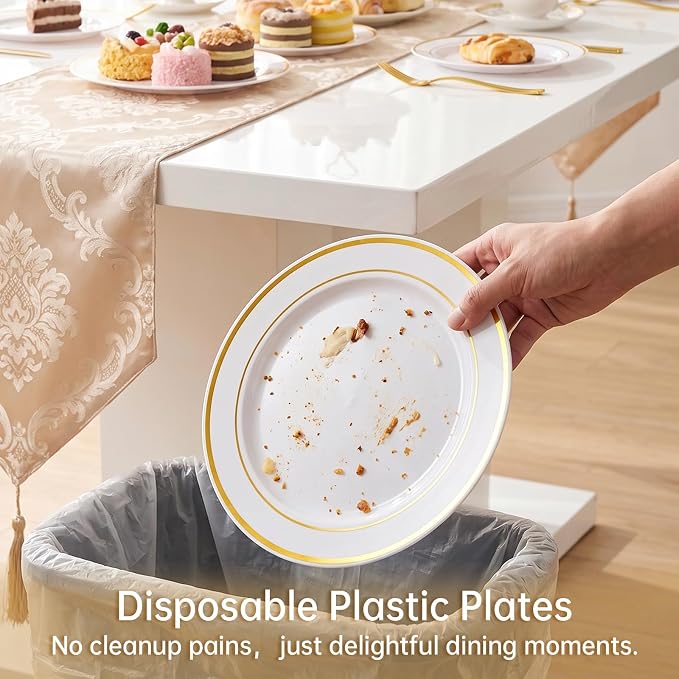 DaYammi 350PCS Gold Plastic Dinnerware Set for 50 Guests, Fancy Disposable Plates for Party, Include: 50 Dinner Plates, 50 Dessert Plates, 50 Pre Rolled Napkins with Gold Silverware, 50 Cups