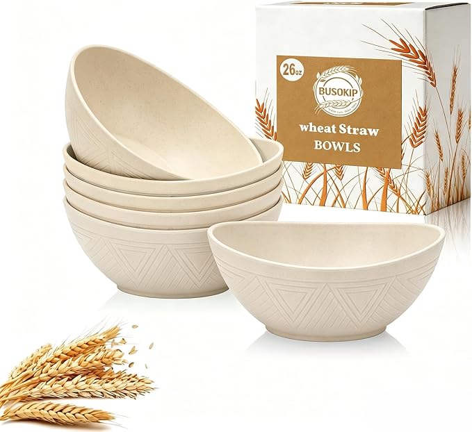 Salad Bowls 26oz, Oval Wheat Straw Bowls Sets of 6, Unbreakable Breakfast Bowls for Cereal, Soup, Rice, Fruit, Microwave Safe Plastic Bowls for Kitchen, Camping, Apartment - Beige