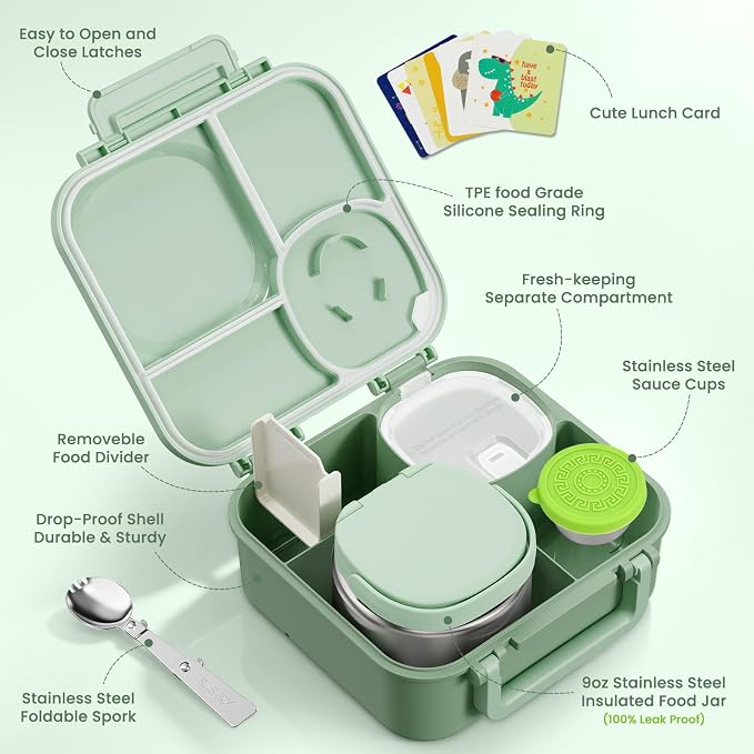 wiwens Kids Bento Lunch Box with Soup Thermo Food Lunch Container for Kid | 4 Compartment Leak-Proof Kids Lunch Box,9oz Stainless Steel Insulated Hot Food Jar,for Boys Girls Toddler to School Travel