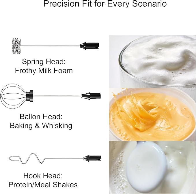 Rechargeable Handheld Milk Frother, USB-C Electric Mixer,5 Attachments | 3 Mixing Heads, 1Storage Box & 1 Stand, 3 Speed , low noise, for Coffee, Protein Shakes, Egg Whisk, Batter
