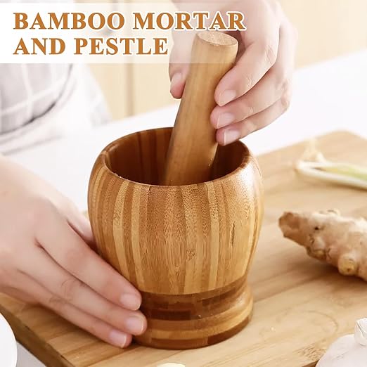 Supkiir 2 Kitchen Tools Including Mortar and Pestle Set and Wood Tostonera Plantain Press, Natural Plantain Smasher for Fried Banana Pepper Spices Garlic Press Grinder Chopper Crusher