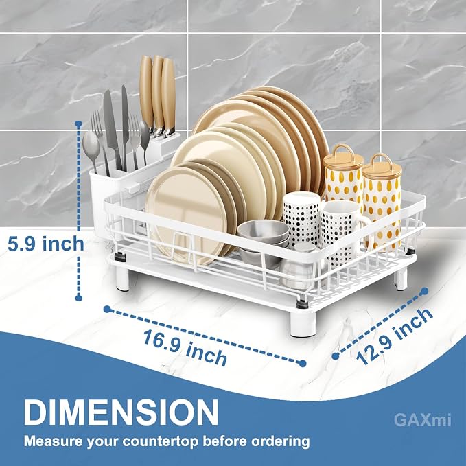 GAXmi Dish Drying Rack with Drainboard for Kitchen Countertop 1-Tier White | With utensil holder, Over the sink, Quick drainage, Space-saving, Large capacity