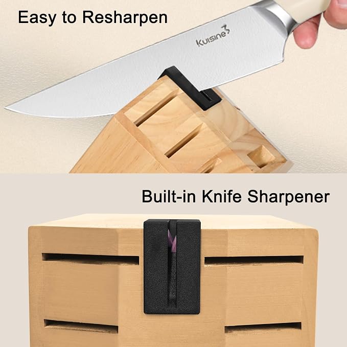 Kuisine Chef Knife Set,High Carbon Stainless Steel Block Knife Set,Knife Block Set with Built-in Sharpener,Sharp Knife Set Forged,Elegant Gift(Ivory,15pcs）