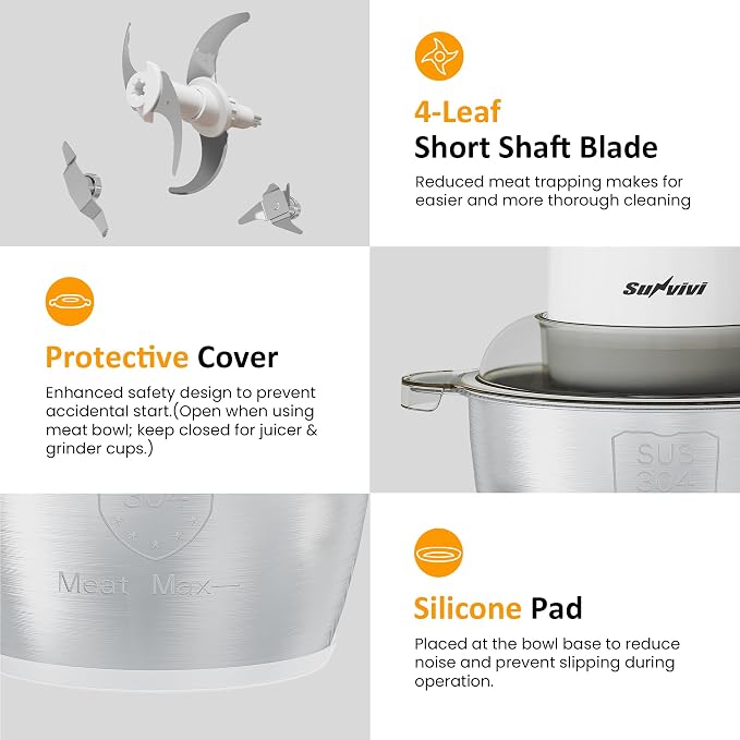 Sunvivi 4-IN-1 Food Processor: 350W Electric Meat Grinder, 2 Bi-Layer 4 Blades, 1.8L Stainless Steel Bowl, Juicer, Coffee Grinder, Garlic Peeler, Vegetable Chopper, 2-Speed, 150&350ml Cups, White
