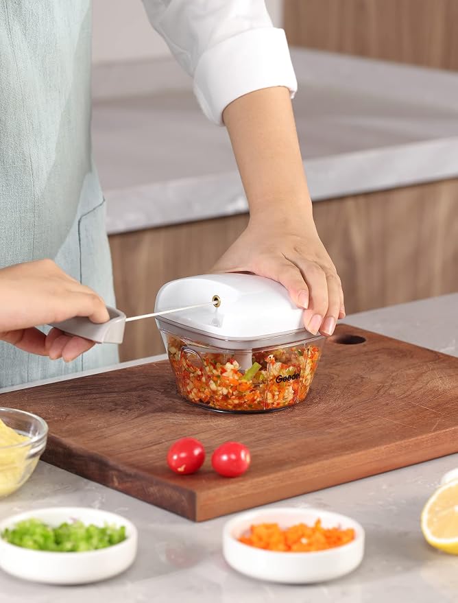 Geedel Vegetable Chopper, Manual Food Chopper with Hand Pull String, 500ml | Manual Food Processor, Sharp Stainless Steel Blade, Non-slip Base, Dishwasher Safe, No BPA, Portable, for Veggie, Fruit, Nut