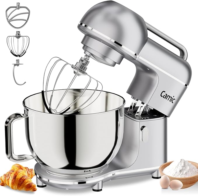Camic Electric Stand Mixer,7.45 QT,10 Speeds with Dough Hook,Whisk, Flat Beater Attachments, Splash Guard, Easy-Carry Top Handle,3-IN-1 Kitchen Mixer for Baking Cakes Cookie Bread Salad (Silver)