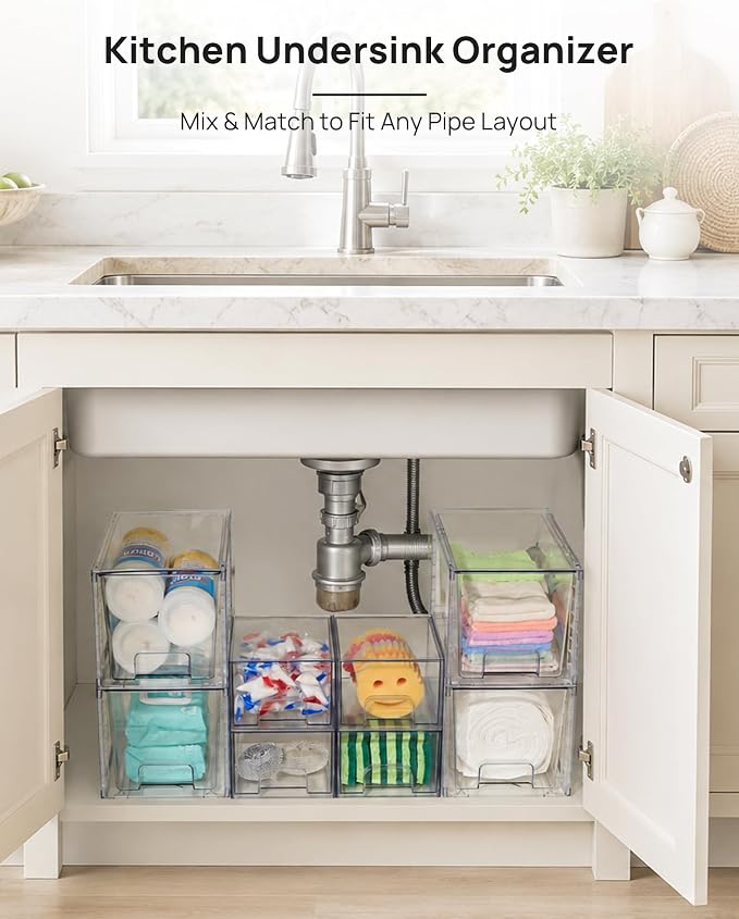 Vtopmart 8 Pack Clear Pull-Out Under Sink Organizer Set (4 Large & 4 Small) | Stackable Storage Drawers, Designed to Fit Bathroom & Kitchen, Under-Sink Organization