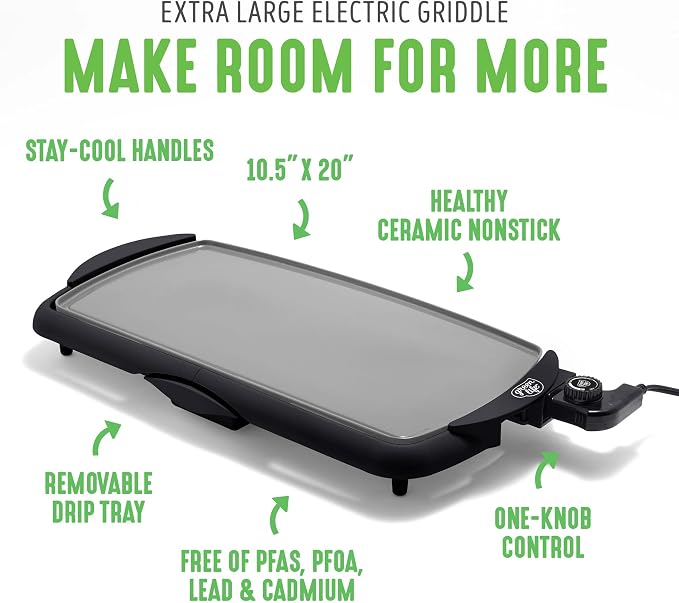 GreenLife 20" Extra Large Electric Griddle, Black | PFAS-Free Ceramic Nonstick Coating, Temperature Control, Removable Dishwasher Safe Drip Tray, Pancakes, Eggs, Omelet, Burgers