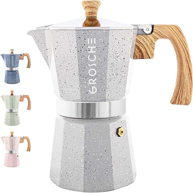 GROSCHE Milano Stovetop Espresso Maker Moka Pot 6 espresso Cup, 9.3 oz Grey | Cuban Coffee Maker And Italian Moka Pot For Stovetop Espresso; For Gas, Electric, And Propane Stoves With A Soft-Touch Handle