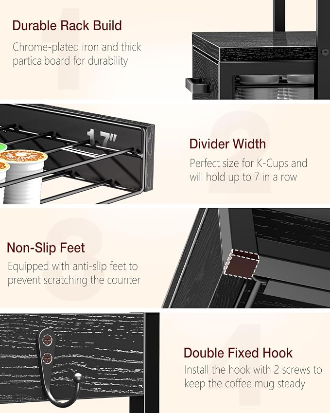 Evermagin K Cup Holder for 35 Pods,Coffee Pod Holder Compatible with Keurig | K cup organizer, Coffee Station Organizer for Countertop with 8 Mug Hooks,Easy Assembly, Black