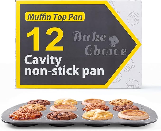 Bake Choice Muffin Top Pan, 12 Cavity Baking Pan for Muffin Tops, Non-Stick | Cupcake Pan, Perfect for Egg Bites, Cookies & Whoopie Pies, 11 x 16 Inch,Carbon Steel Baking Supplies