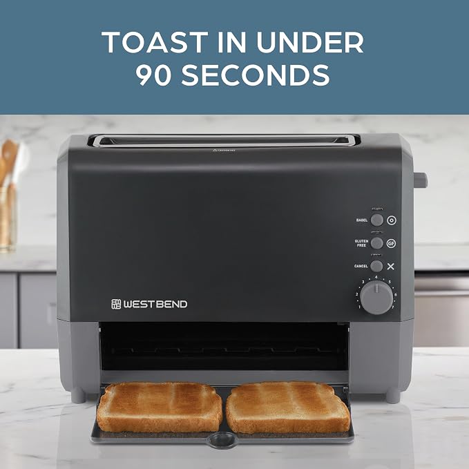 West Bend QuikServe Toaster, 2-Slice Wide-Slot Slide-Through Bread Toaster with Bagel and Gluten-Free Settings and Cool-Touch Exterior Fast Toasting, Includes Removable Serving Tray, 1400-Watts, Black
