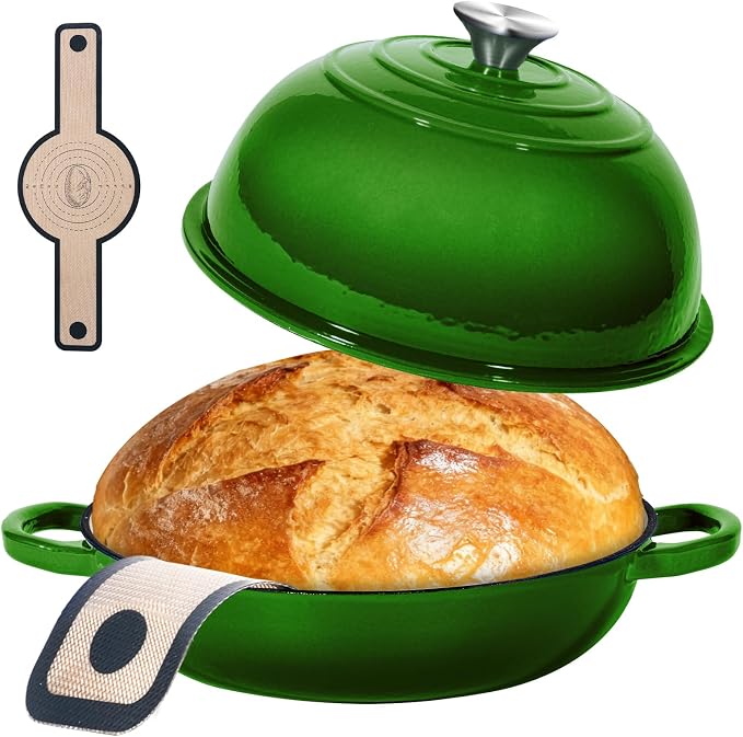 6QT Enameled Cast Iron Green Dutch Oven For Sourdough Bread Baking | Dutch Oven Pot With Lid,Non-stick Sourdough Baking Pan with Bread Dome,Round Ceramic Dutch Oven Pot for Homemade