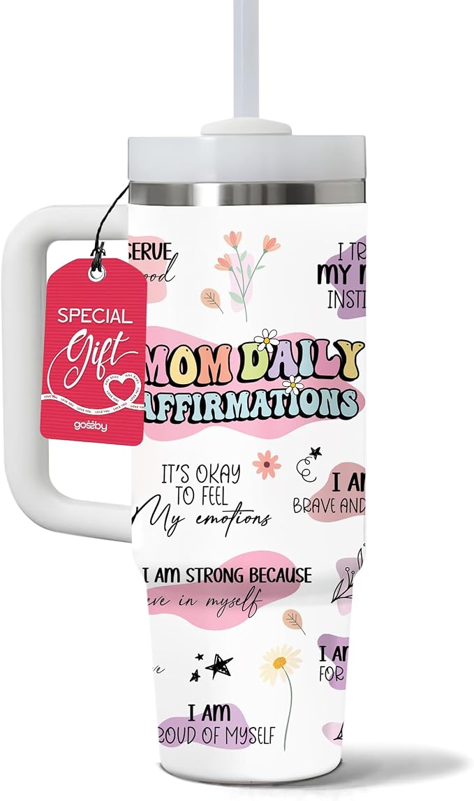 Gossby Mom Daily Affirmations Tumbler, 30oz Stainless Steel with Handle | Mom Birthday Gifts, Gifts for Mom Positive, Daily Affirmations Cup, Tumbler Insulated with Straw and Lid, Gift for Mama