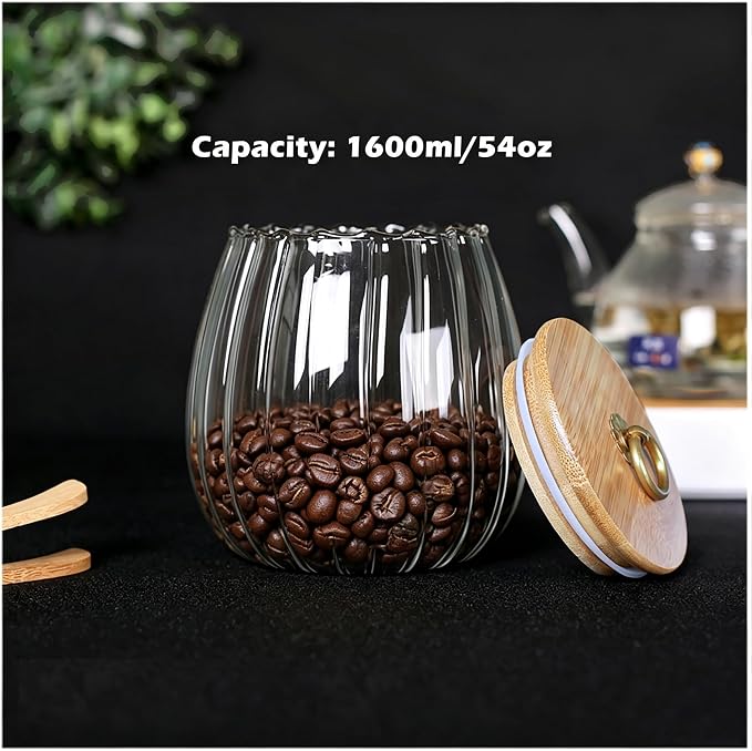 Glass Coffee Nuts Canister Airtight Jar with Bamboo Lid 54 FL OZ Large Oval | Sealed Kitchen Storage Jar, 700ml Petal Ribs Design Decorative Candy Coffee Container, Gold Metal Handle, Easy to Grasp