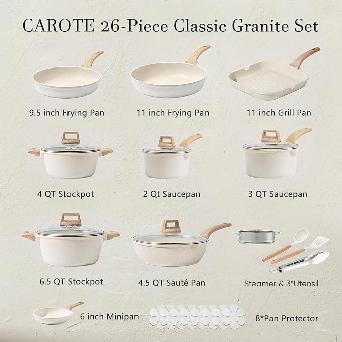 CAROTE 26pcs Pots and Pans Set, Nonstick Cookware Sets, with Grill Pan | With 6.5-Qt Stockpot, Lightweight & Durable, Steamer Included, Fast & Even Heating, Induction Compatible