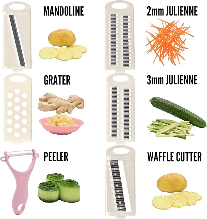 NACOLUS Mandoline Slicer for Kitchen Slicer Vegetable Cutter 5 In 1 Veggie Slicer Potato Slicer waffle fry cutter Hot Swap Mandolin with Peeler for Vegetables Carrot Shredder Cucumber Slicer - Pink | slicer vegetable cutter,hot-swap self-storage,effici...