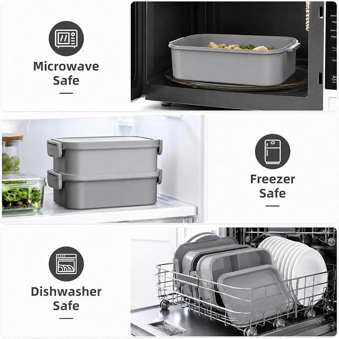Adults Lunchbox Bento Box with Lunch Bag- 74 OZ All-in-One Stackable Lunch Box for Adults Kids Women Men Leakproof Bento Large Lunch Box Containers with Fork Spoon Sauce Box for Work School (Grey)