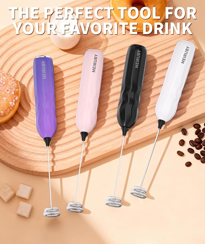 2-Pack Milk Frother Handheld with Stand, Valentines Day Gifts for Him and Her, Powerful Electric Coffee Frother, Coffee Lover Gift for Lattes, Cappuccino, Matcha & Hot Chocolate, White/Pink