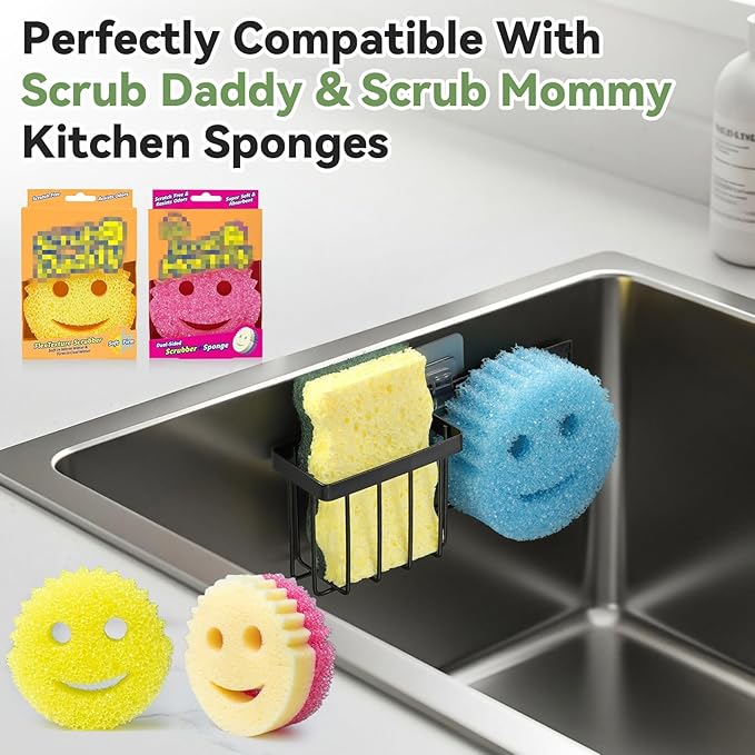 LANDNEOO [Space Saving] Sponge Holder for Kitchen Sink, Great for Scrub Daddy/Scrub Mommy Sponges, Rust-proof Sink Sponge Caddy Organizer for Dish Brush, Scrubber - with Suction Cups & Hooks, Black