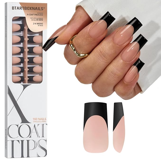 BTArtboxnails XCOATTIPS Black French Tip Press On Nails, L Square, Peach | Lamp-Curable, 4-Week Wear, Natural Nail Look, Salon Quality Value at Home, Easy-to-Apply for Beginners, 160ct Nail Tips Only