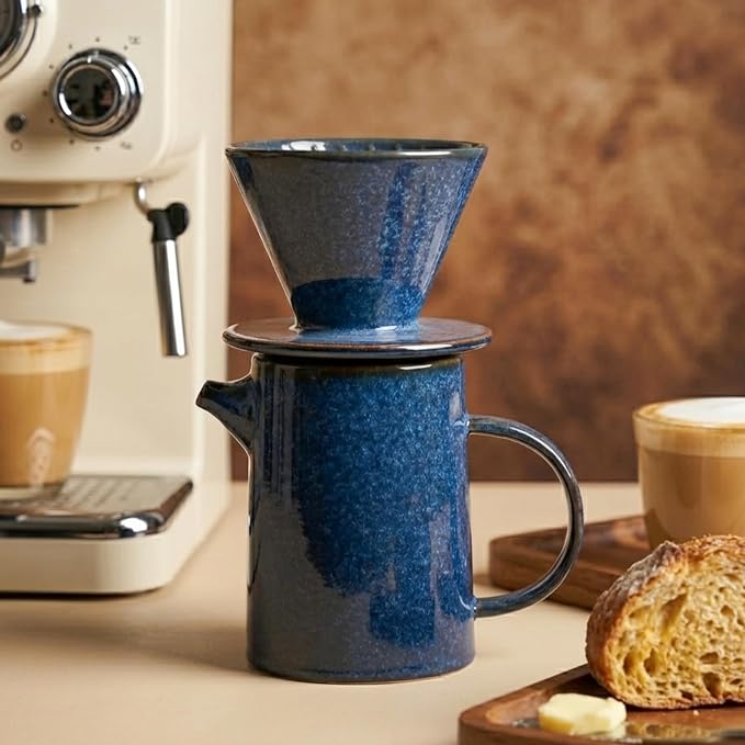 Pour Over Coffee Maker, Ceramic Pour Over Coffee Dripper Set With 20 Paper Filters, 16.5oz/500ml (Royal Blue, V02)