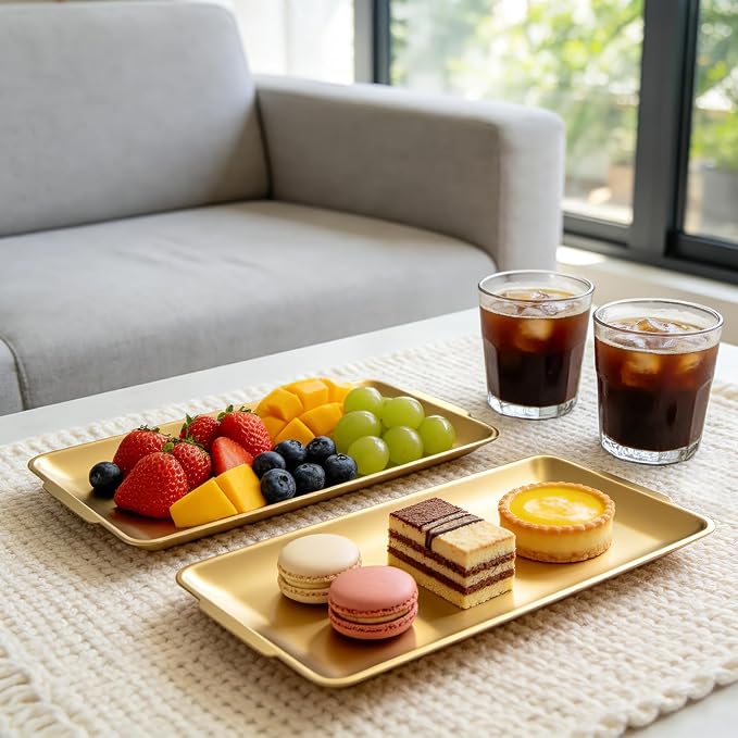 2Pcs 304 Stainless Steel Food Serving Trays, 12.6" Rectangular Gold Platters, Rectangle Versatile Organizer Serving Tray Platter for Kitchen Party Dining Buffet Gatherings Outdoor Events