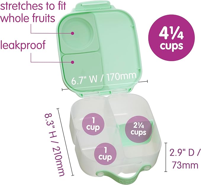 b.box Mini Lunch Box, Snack Containers for Kids, Lunch Box Kids, 4.25 Cup | Bento Box for Kids, Sanck Box, Lunch Containers, Leak Proof, Dishwasher Safe, BPA Free, PFAS Free, Ages 3+ — Spearmint