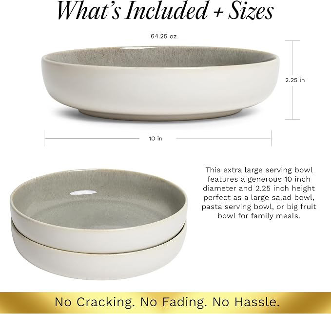 SANGO Resona Moss Large Serving Bowl (Set of 2), 64.25 oz, 10" Stoneware Bowls for Pasta, Salad & Dinner, Big Ceramic Bowls for Entertaining with Glossy Reactive Glaze, Dishwasher & Microwave Safe
