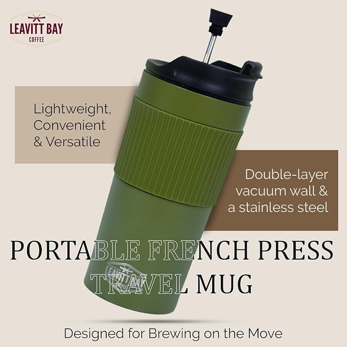Green Portable French Press Travel Mug & Coffee Maker | Leak-resistant lid Double-wall vacuum insulation ideal for camping & travel