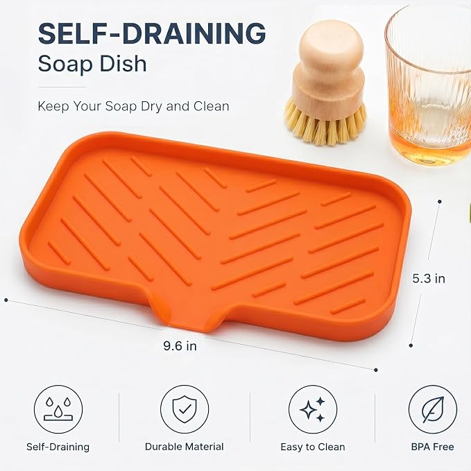 MicoYang Silicone Soap Dish with Drain Spout — Self-Draining Sink Organizer Tray for Bathroom & Kitchen, Sponges, Dispensers & Soap Holder, Non-Slip & Dishwasher Safe, Orange (Medium, 9.6"×5.3")