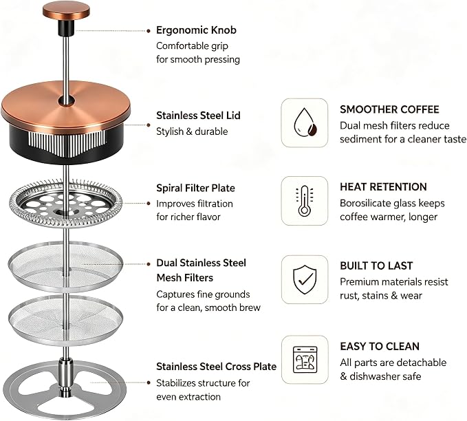French Press Coffee Maker 34oz, Heat-Resistant Glass Coffee Maker-Bronze | Thickened Glass Stainless Steel, for Coffee, Cold Brew,Tea & Cocoa