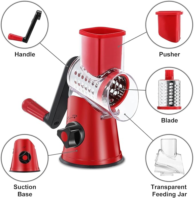 GDL Cheese Grater Hand Crank, Rotary Cheese shredder, Vegetable Slicer | 3 Stainless Steel Blades, 12x Fast Cutting, Non-slip Suction Base, No BPA, Dishwasher Safe, Easy Use for Cheese, Veggies, Nut