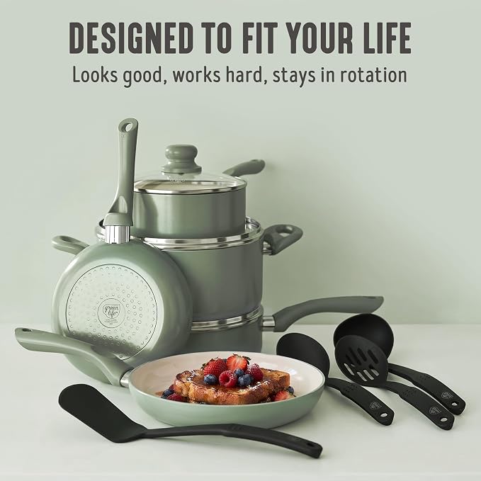 GreenLife 16pc Ceramic Nonstick Pots & Pans Cookware Set, Sage Green | PFAS-Free Nonstick Coating, Stockpot, Frying Pans, Saucepan, Sauté, Induction Ready, All Stovetop Compatible, Dishwasher Safe