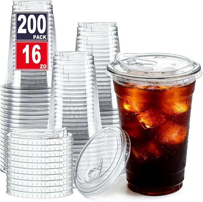 200 Pack 16 oz Clear Plastic Cups with Sip Lids for Iced Coffee Cold Drink | Disposable, To Go, Crystal, BPA-Free, Smoothie, Dirty Soda, Lemonade, Bar Accessories, Strawless, Leak Proof, Party, Bulk