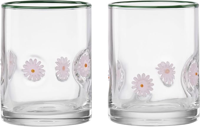 Oneida 24 Seven Flower Glass Tumblers, 12-Oz, Set of 2 | dishwasher safe, glass | embossed daisy design | 12oz cups, cute floral water drinking glasses, gift for mom and women