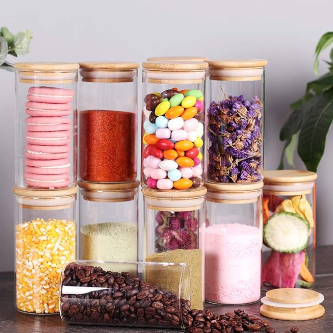Tzerotone 12 Pcs Glass Spice Jars - 8.5oz Empty Small Glass Bottles with Bamboo Airtight Lids and Labels - Thicken Seasoning Spice Containers for Kitchen Organization and Storage…