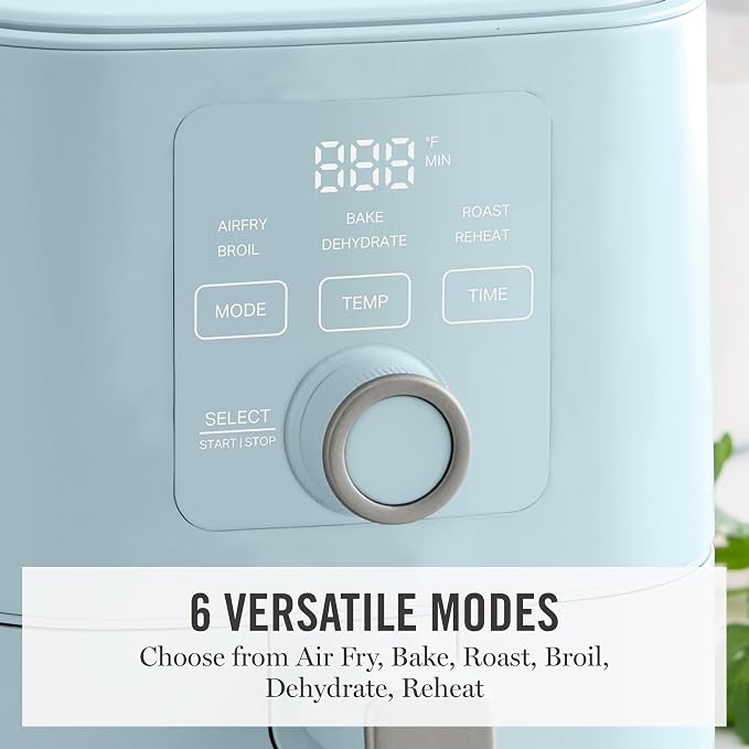 Martha Stewart 6-Quart Air Fryer, 6 Presets, Space Saving, Sky Blue | 3lb Capacity, PFAS-Free Ceramic Nonstick Basket & Tray, Bake, Roast, Broil, Dehydrate, Reheat, Shake Reminder, Heat up to 400