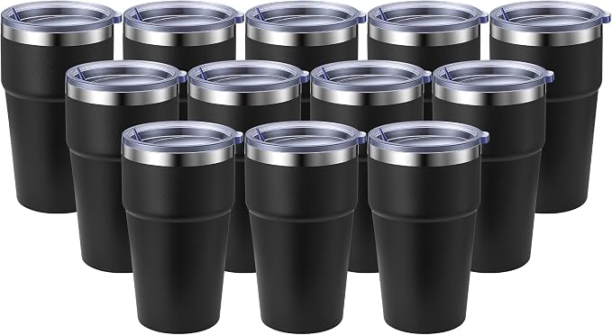 MEWAY 16oz Tumbler Double Wall Vacuum Insulated Travel Mug Bulk, Stainless Steel Tumblers with Lid, Powder Coated Coffee Cups for Cold & Hot Drinks (Black,12 Pack)